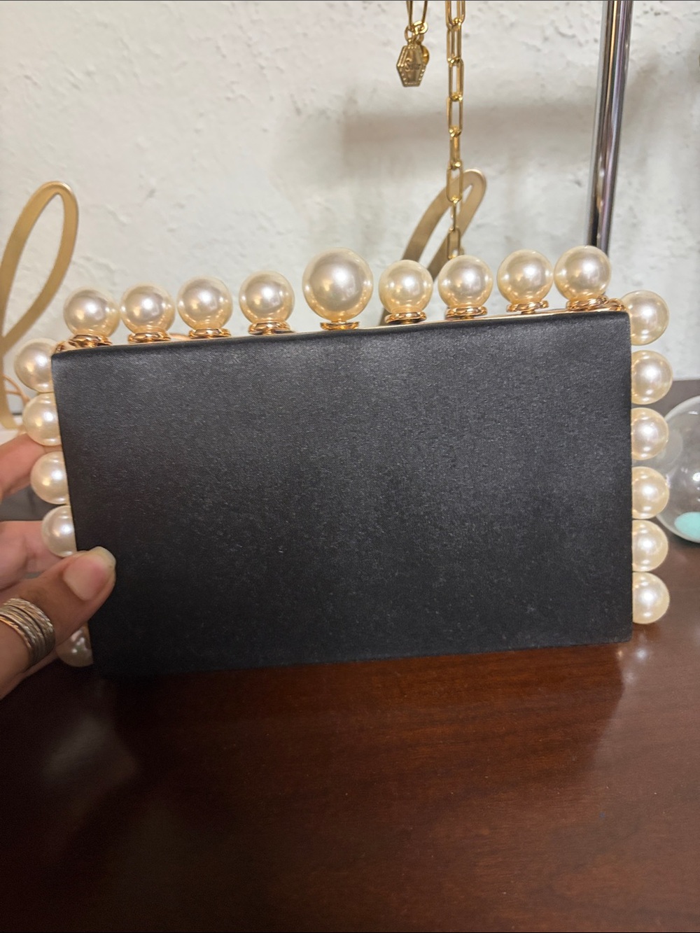 INC International Concepts Black Clutch with Pearl Trim